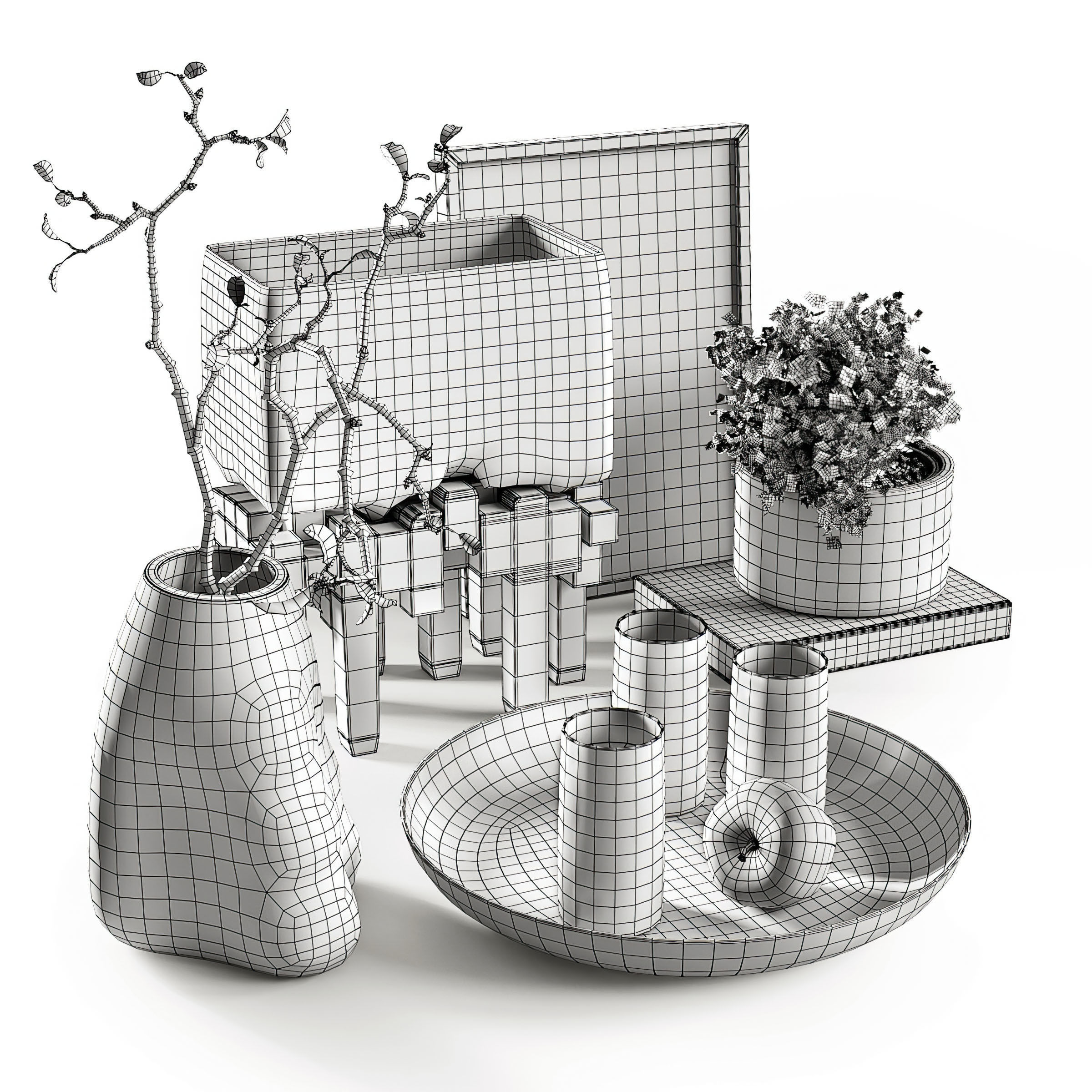 Decorative vases with plants 3D model_3