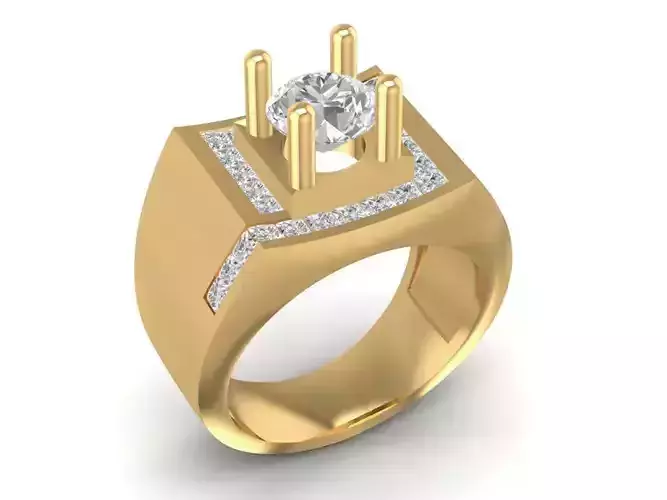 Square Solitaire Men Ring with Side Diamonds 651