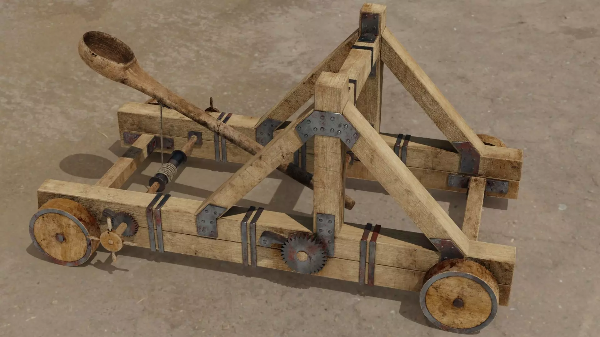 Catapult PBR 4K wooden cart Low-poly 3D model