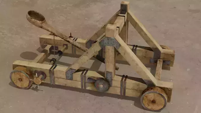 Catapult PBR 4K wooden cart Low-poly 3D model
