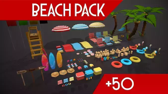 BEACH PACK - CARTOON STYLIZED Low-poly 3D model