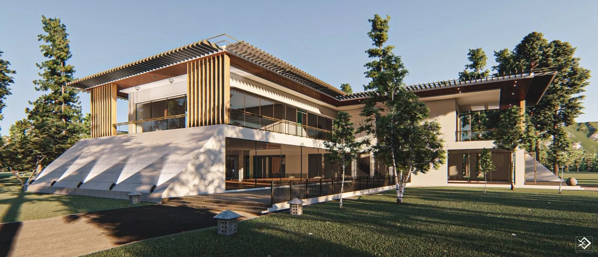 Villa house Low-poly 3D model_0