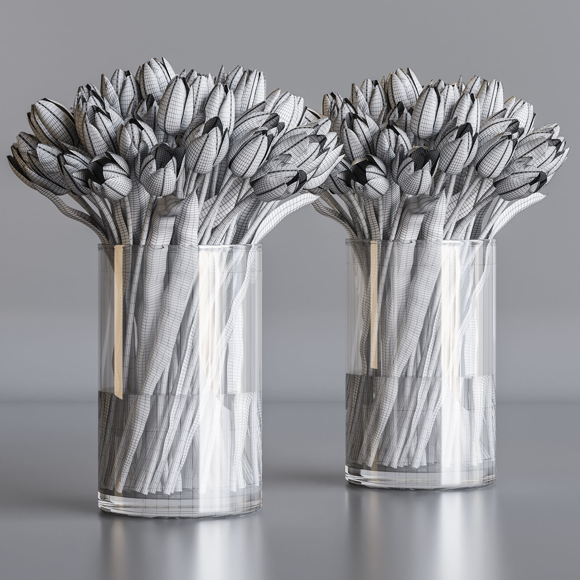 White and yellow tulips 3D model_2