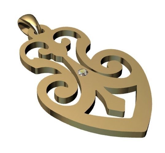Pendant gold heart with diamond in center Free 3D print model