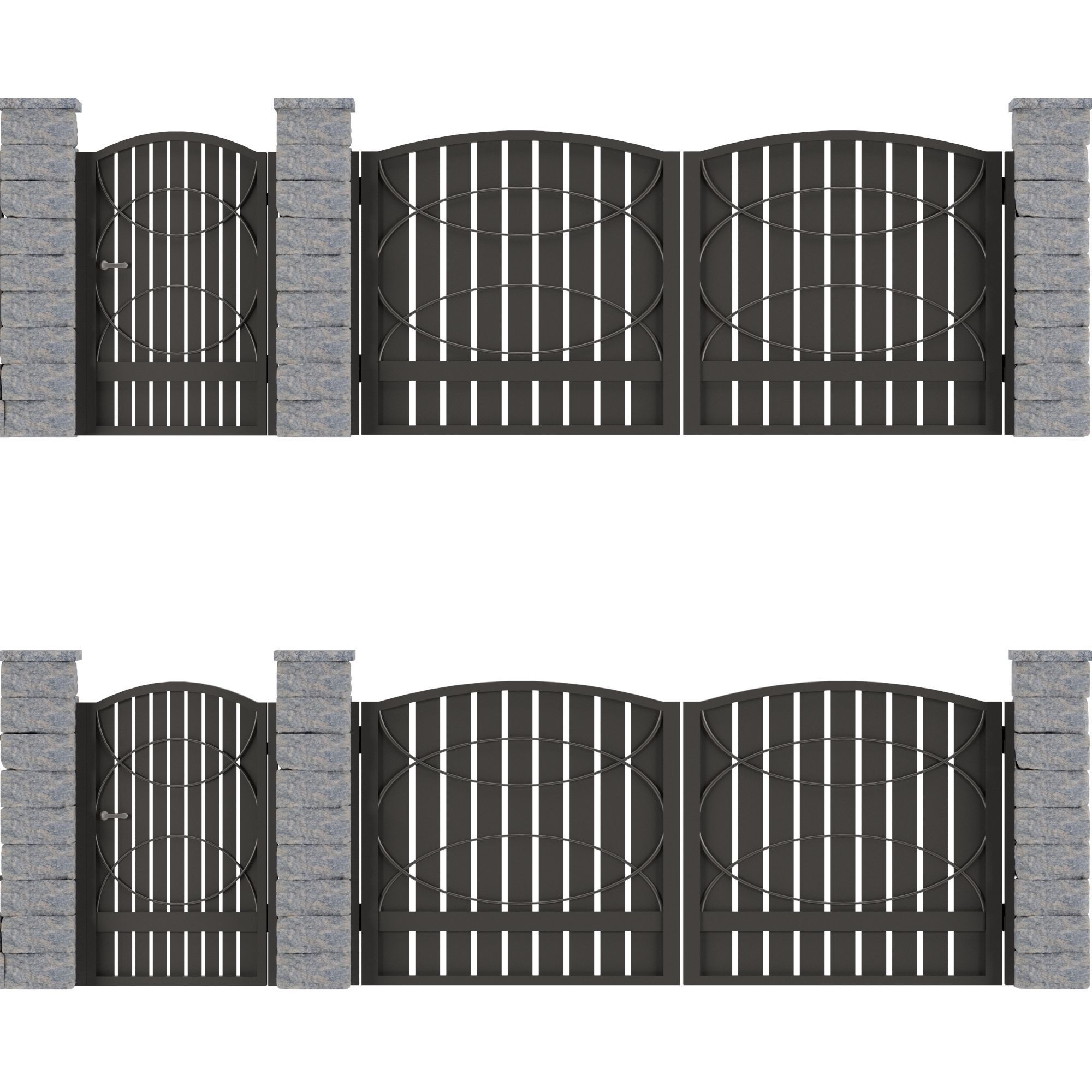 Set of fences made of stone and metal 3D model_2