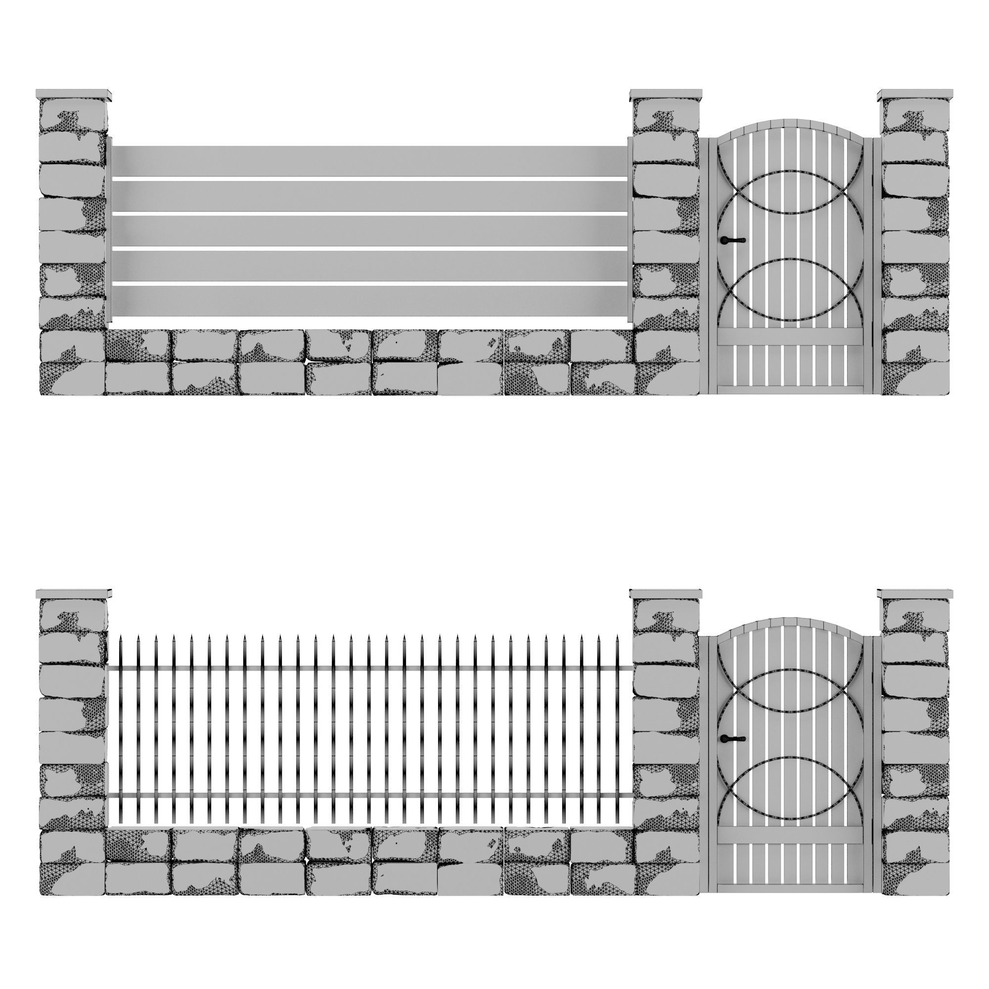 Set of fences made of stone and metal 3D model_1