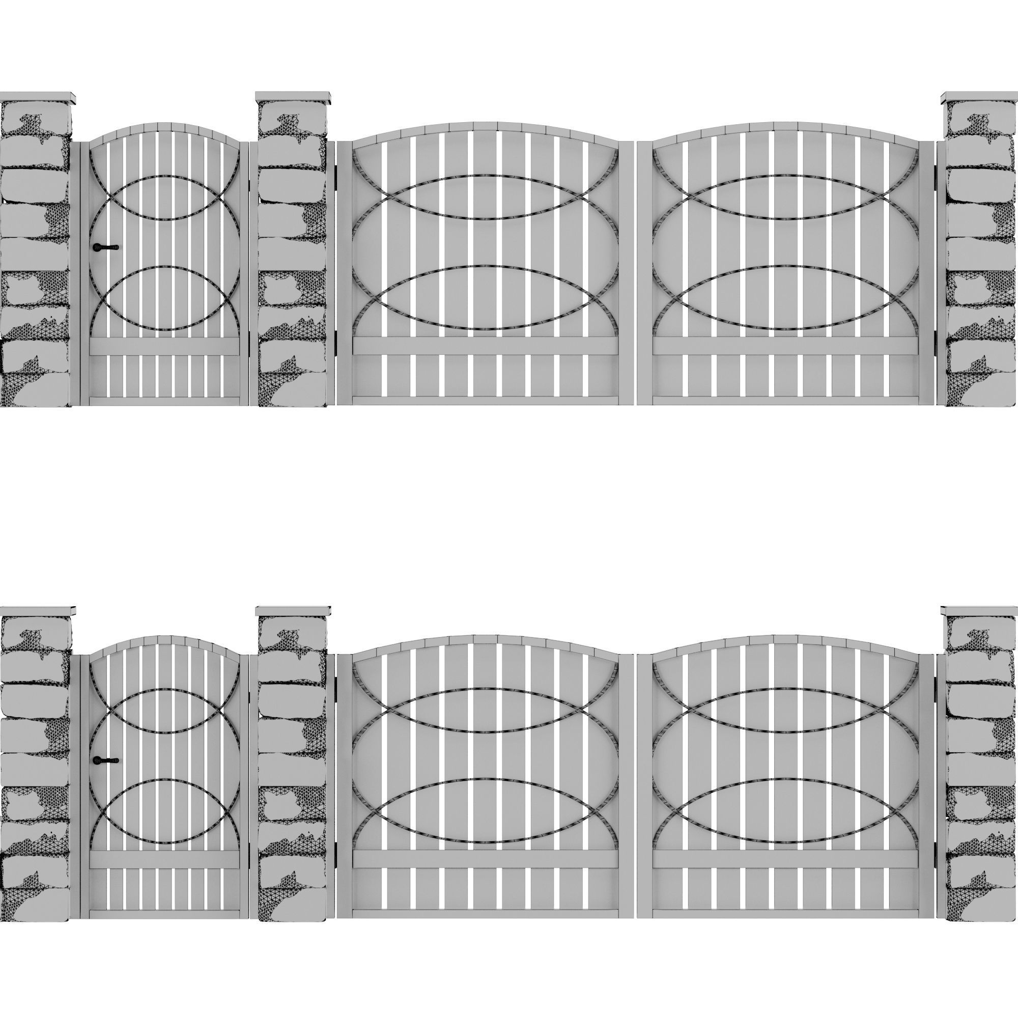 Set of fences made of stone and metal 3D model_3