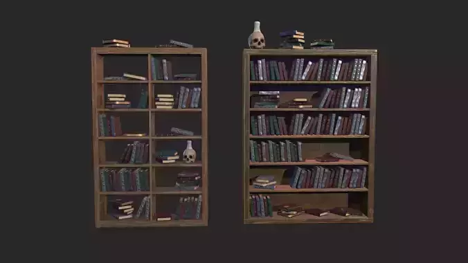 Stylized alchemist shelves with books and skull 3D model