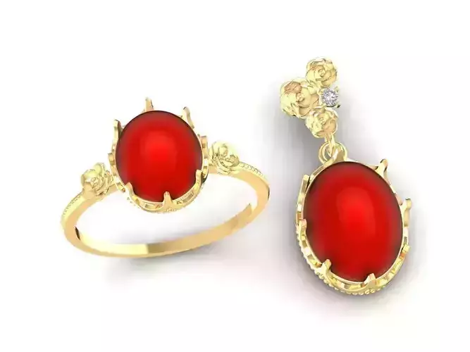 Red Gemstone Ring and Earrings Set 1811