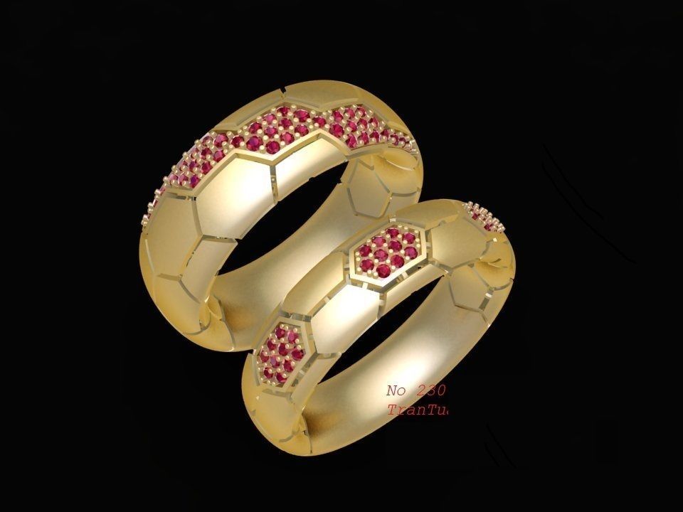 Honeycomb Pattern Couple Rings with Small Diamonds 3D Model 2307 3D print model_9