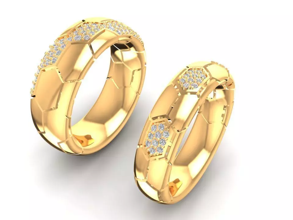 Honeycomb Pattern Couple Rings with Small Diamonds 3D Model 2307 3D print model_0