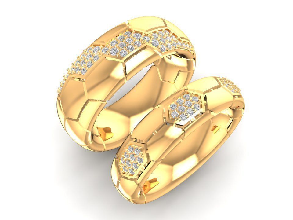 Honeycomb Pattern Couple Rings with Small Diamonds 3D Model 2307 3D print model_1