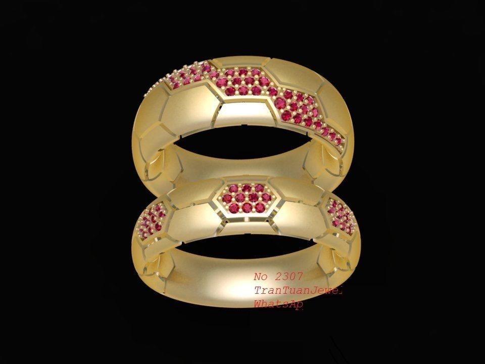 Honeycomb Pattern Couple Rings with Small Diamonds 3D Model 2307 3D print model_10