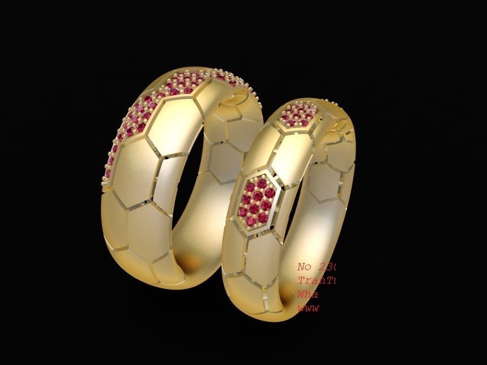 Honeycomb Pattern Couple Rings with Small Diamonds 3D Model 2307 3D print model_8