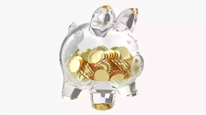 Piggy glass money bank with coins