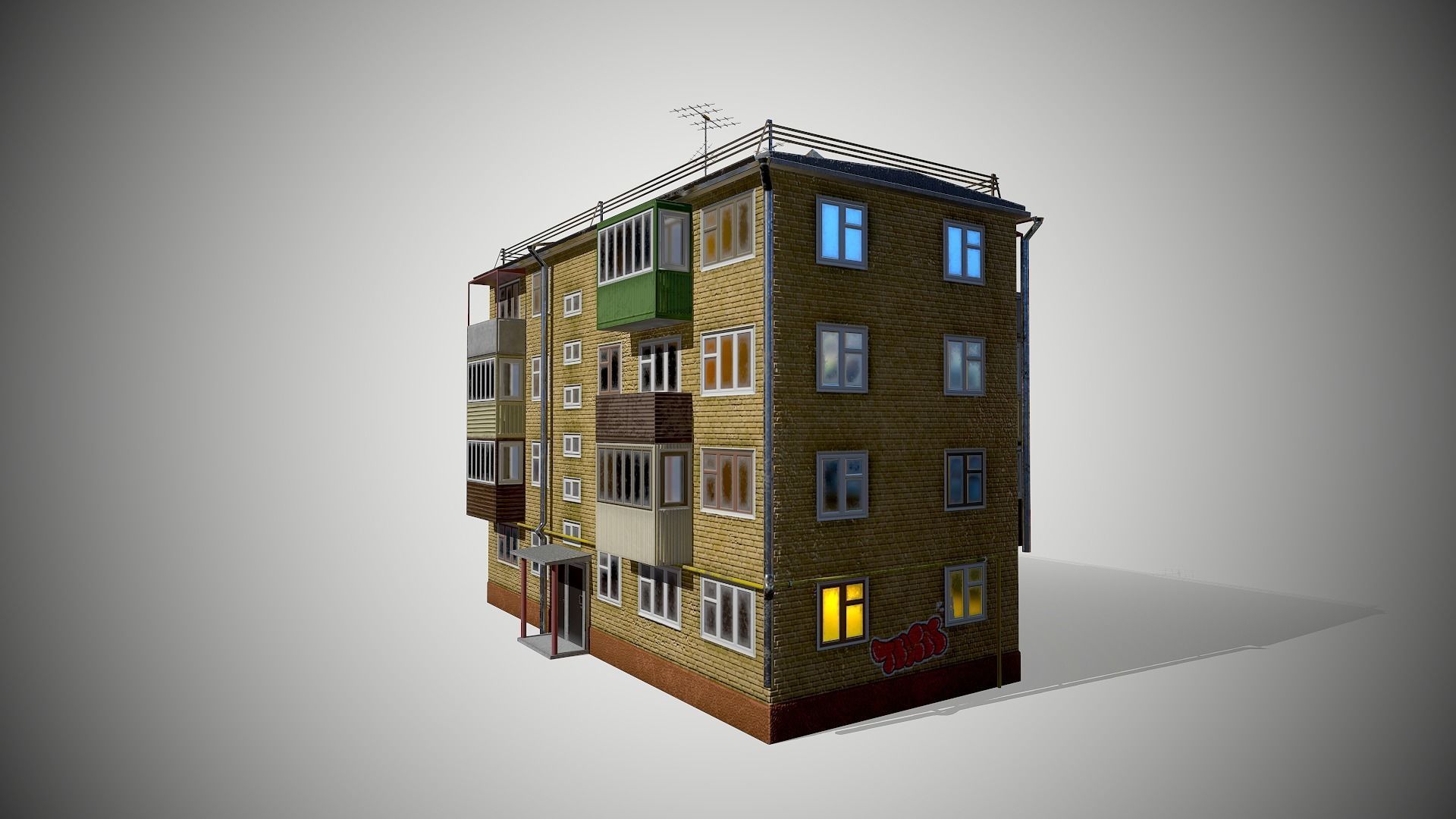 Soviet Four-storey house Low-poly 3D model_5