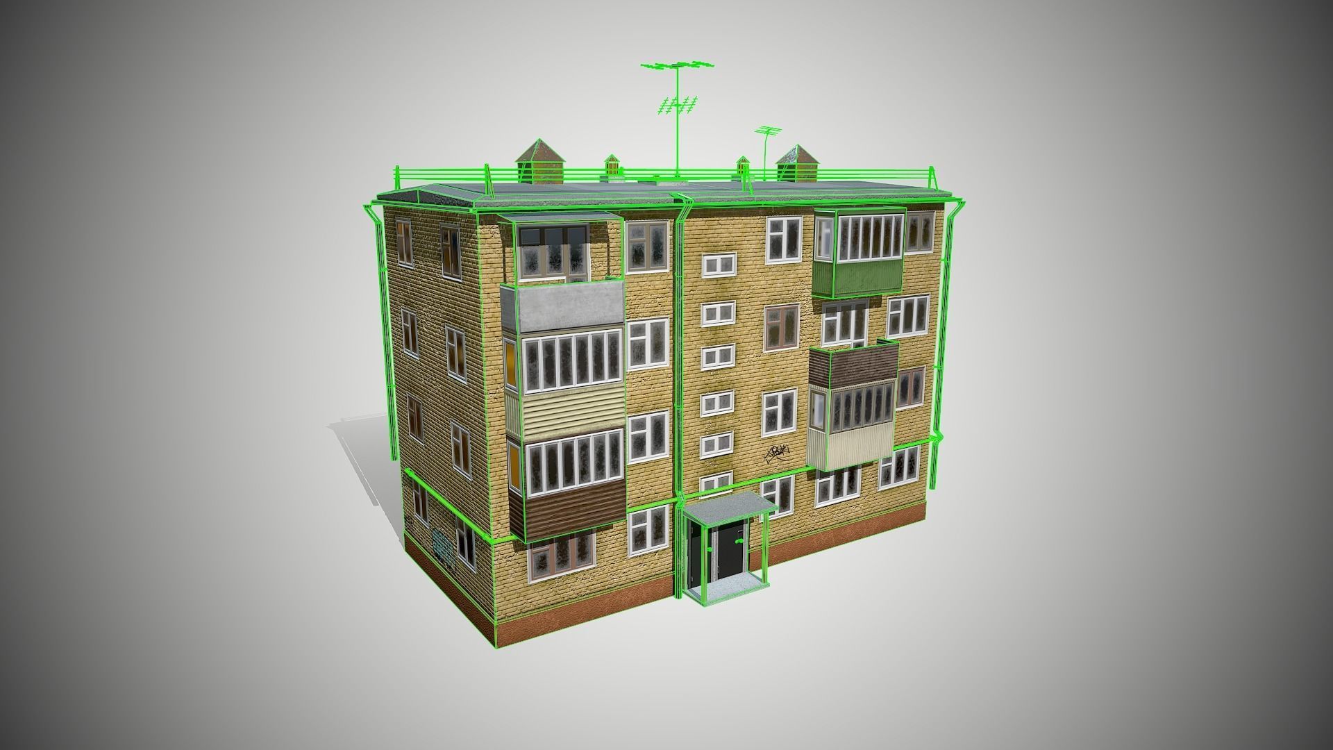 Soviet Four-storey house Low-poly 3D model_9