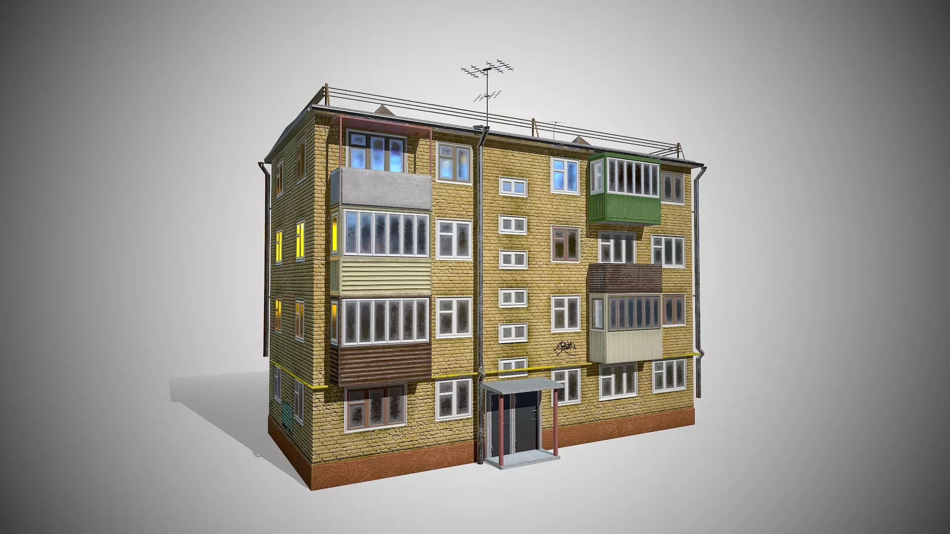 Soviet Four-storey house Low-poly 3D model_0