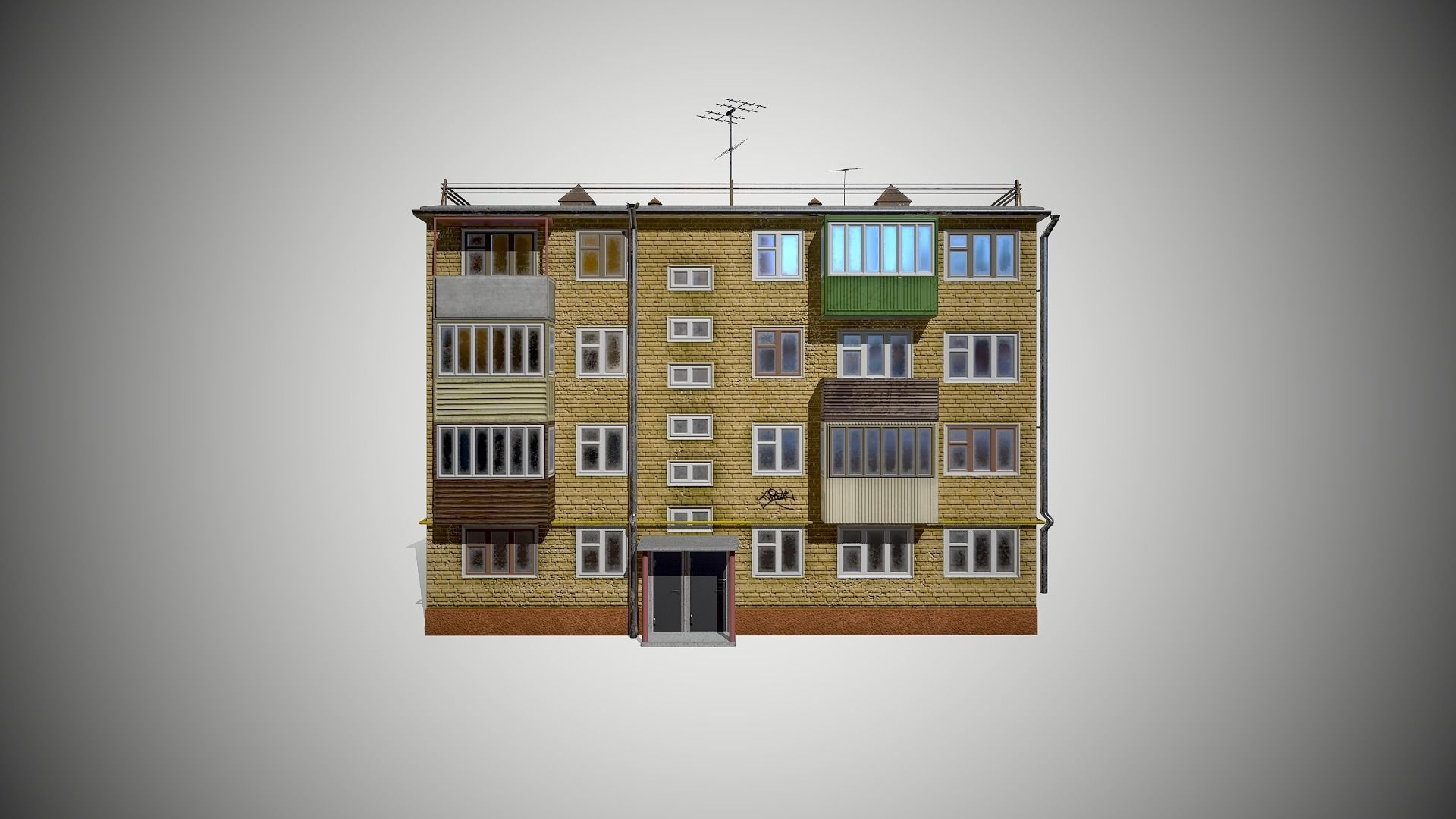 Soviet Four-storey house Low-poly 3D model_3