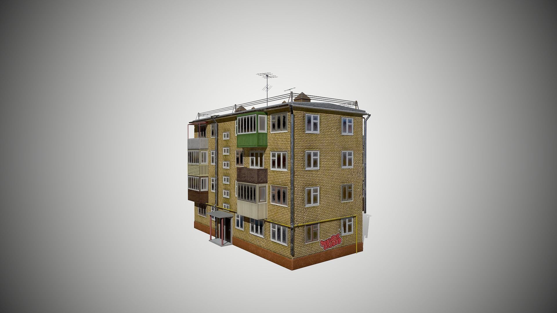 Soviet Four-storey house Low-poly 3D model_4