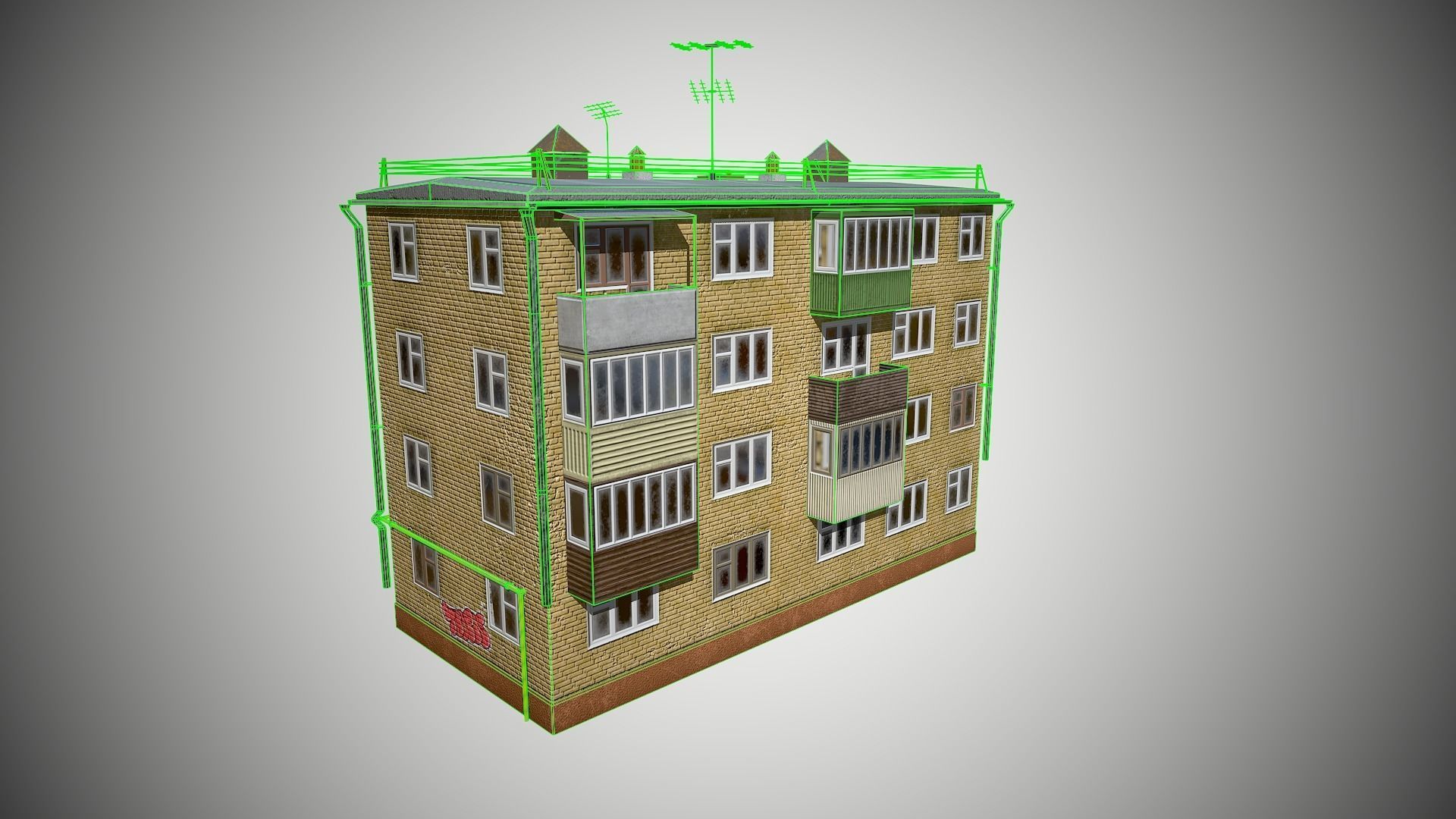 Soviet Four-storey house Low-poly 3D model_10