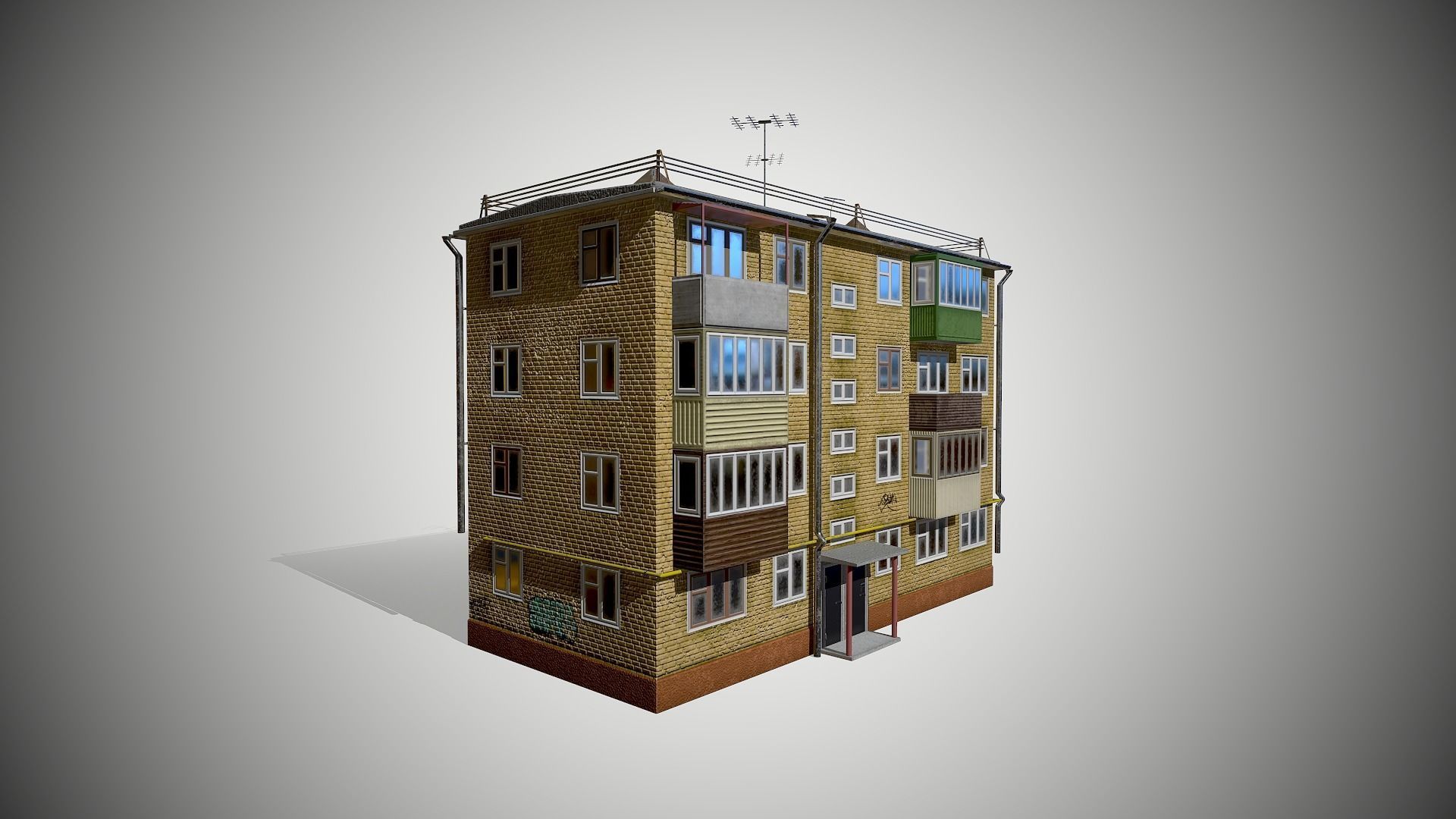 Soviet Four-storey house Low-poly 3D model_2