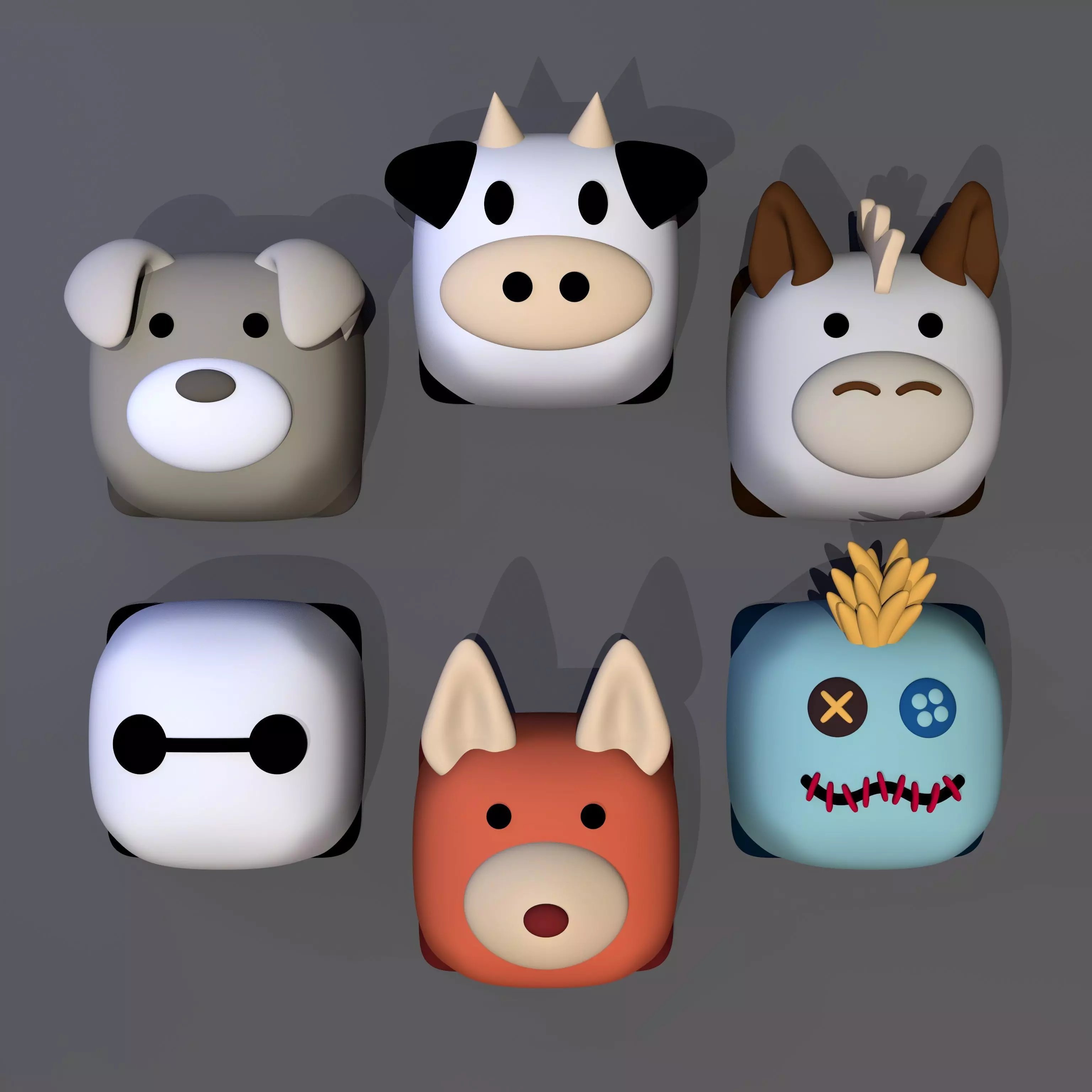 Pack 6 keycaps of cube animal - pack 1 3D print model_0
