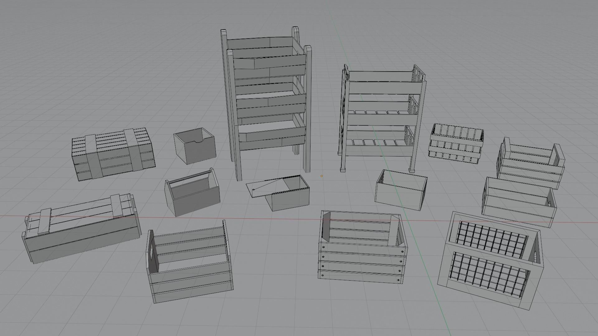  Set of 14 wooden boxes low poly game ready Free low-poly 3D model_1