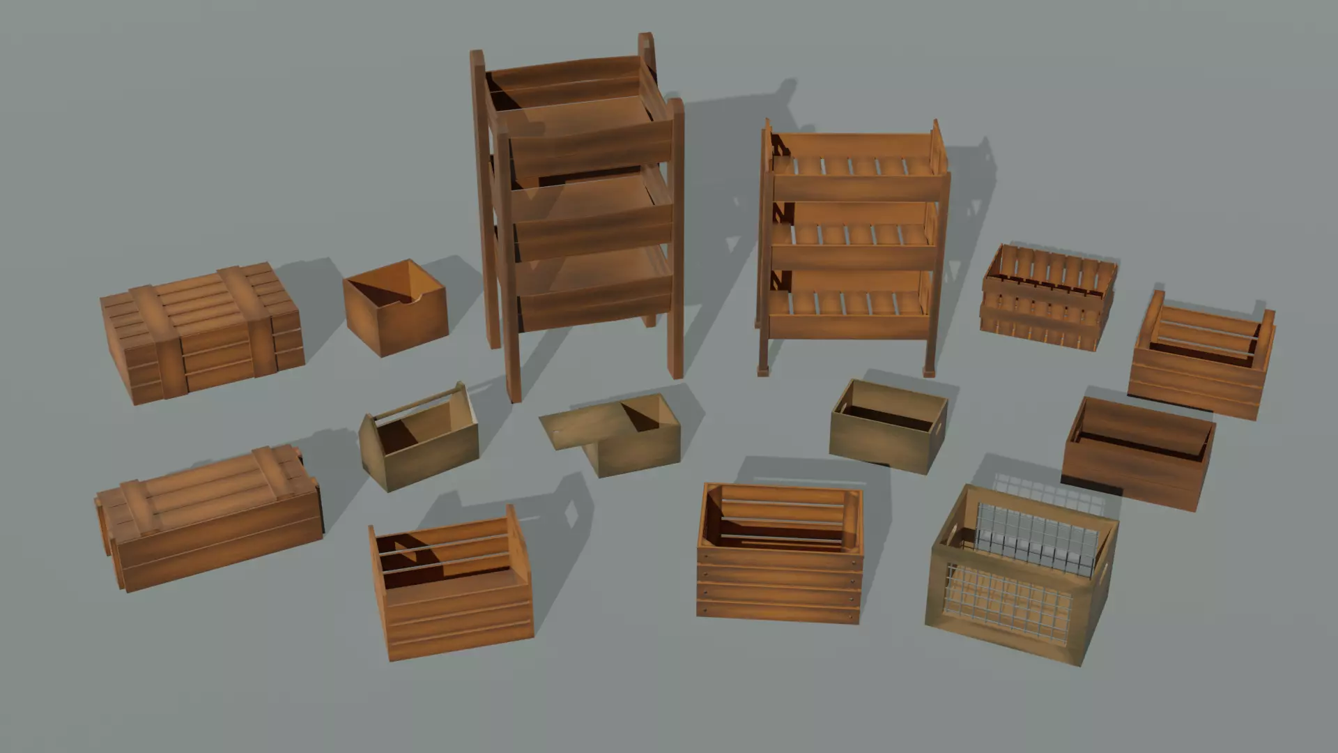  Set of 14 wooden boxes low poly game ready Free low-poly 3D model_0