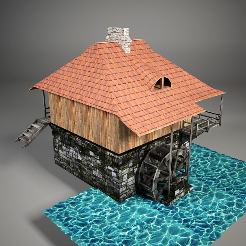 Water mill Low-poly 3D model_10