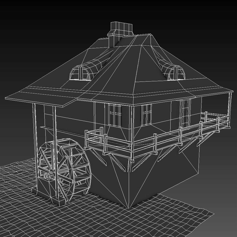 Water mill Low-poly 3D model_3