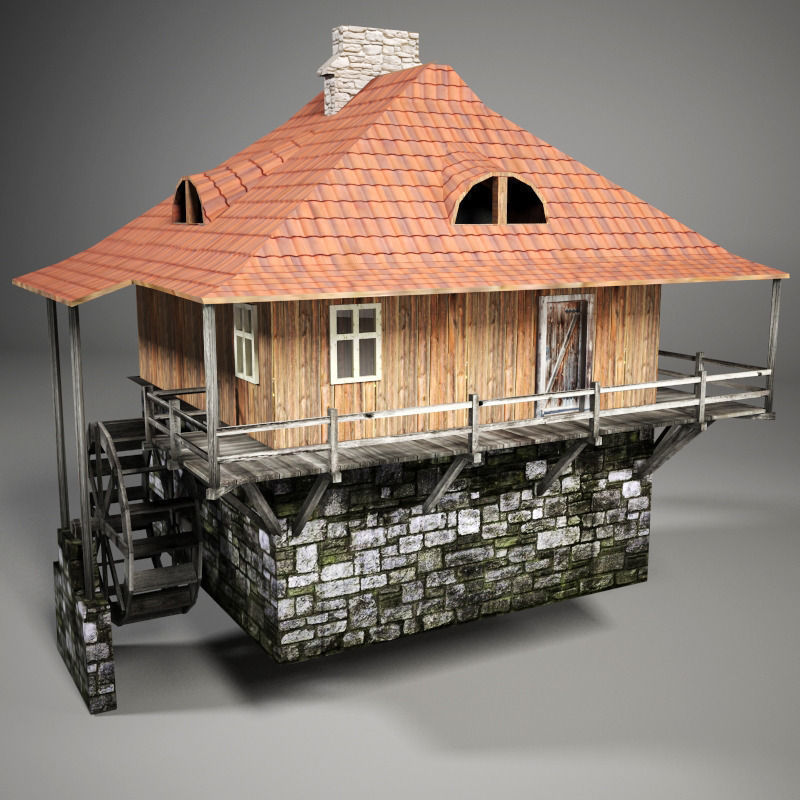 Water mill Low-poly 3D model_1