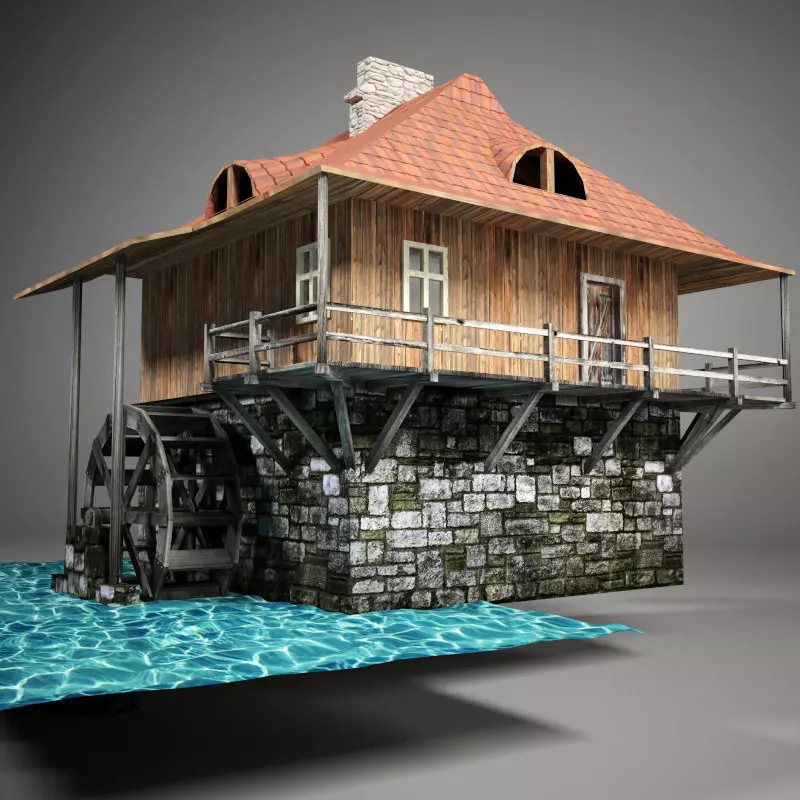 Water mill Low-poly 3D model_0
