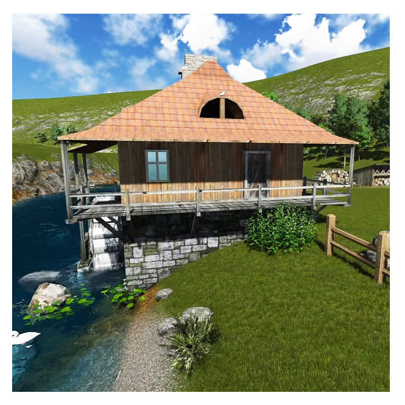 Water mill Low-poly 3D model_13