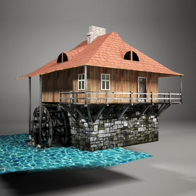 Water mill Low-poly 3D model_4