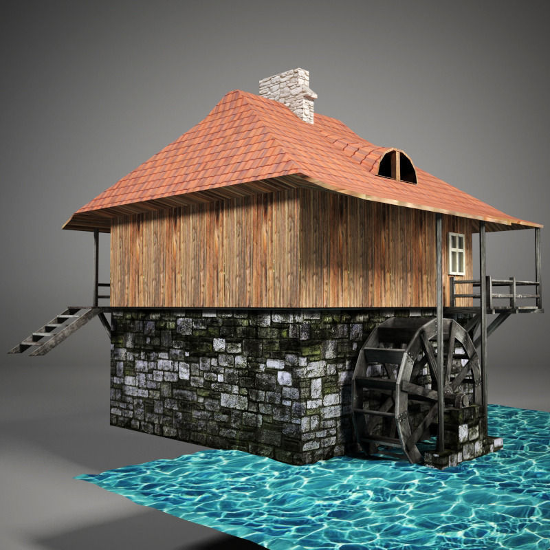 Water mill Low-poly 3D model_8
