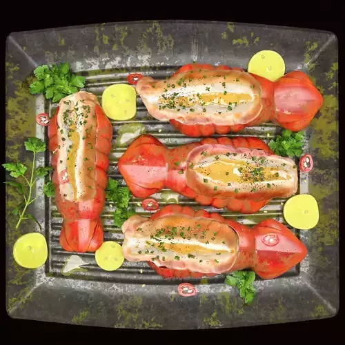 Lobster Set lobsters on grill with lemon slices 3D model