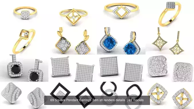69 Square Pendant Earrings 3dm stl renders details  3D Model Collection