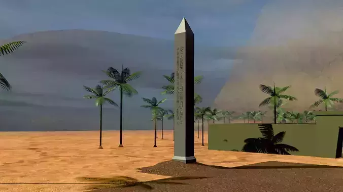 Obelisk in desert with palm trees