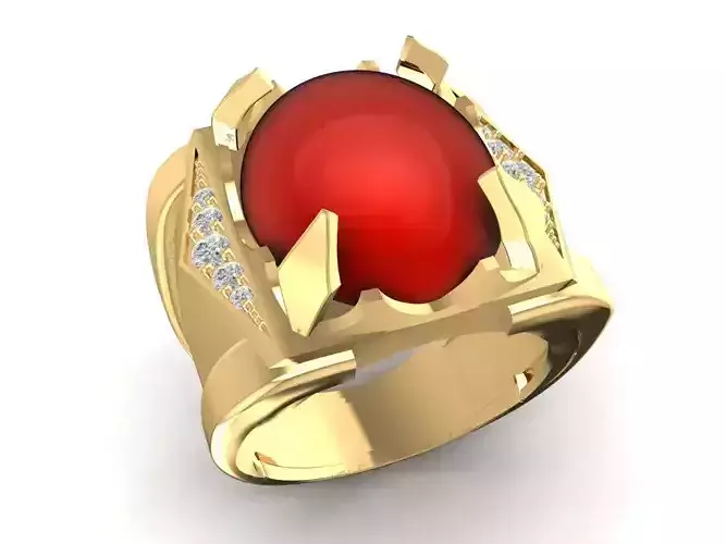 Men Oval Red Gemstone Ring with Side Accents 3D Model  2040
