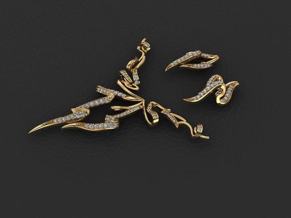 pendent set gold necklace and earrings with diamonds 3D print model_2