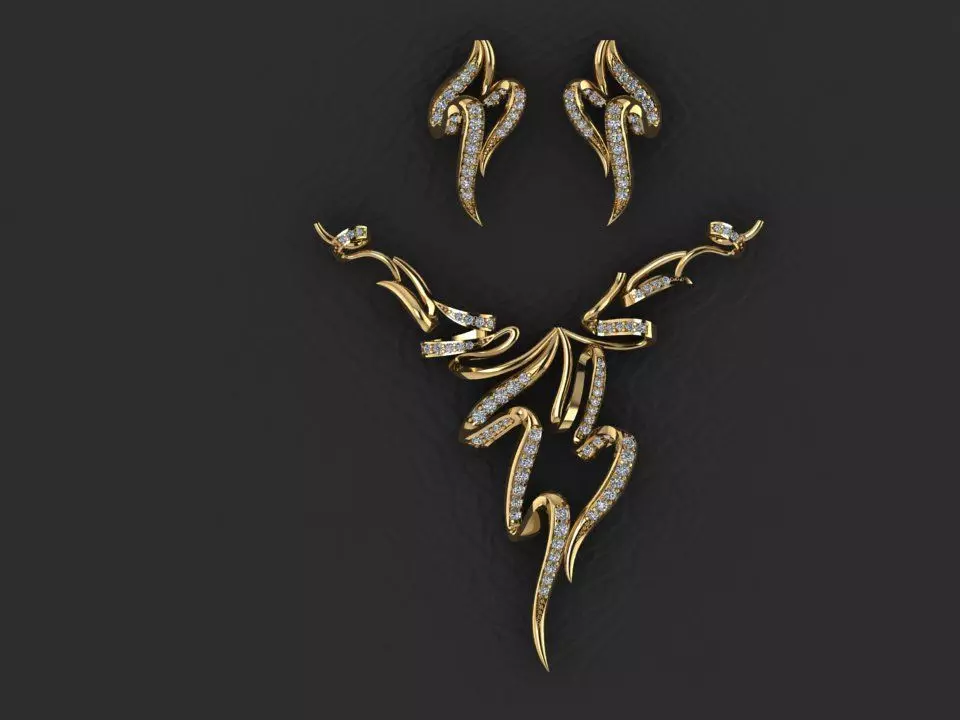 pendent set gold necklace and earrings with diamonds 3D print model_0