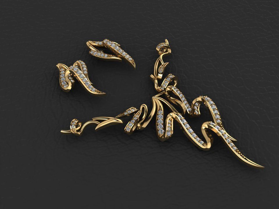 pendent set gold necklace and earrings with diamonds 3D print model_1