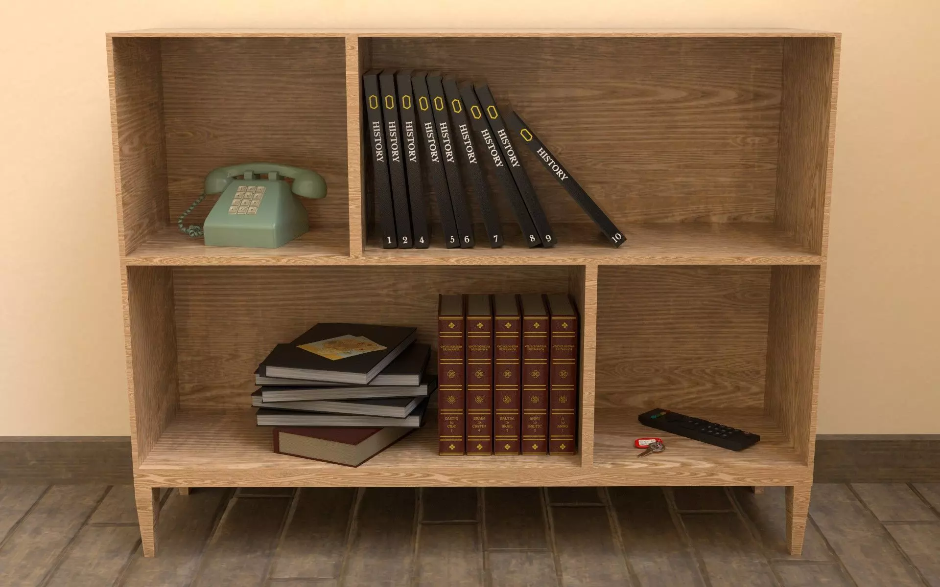 Shelf wooden bookcase with books 3D model_0