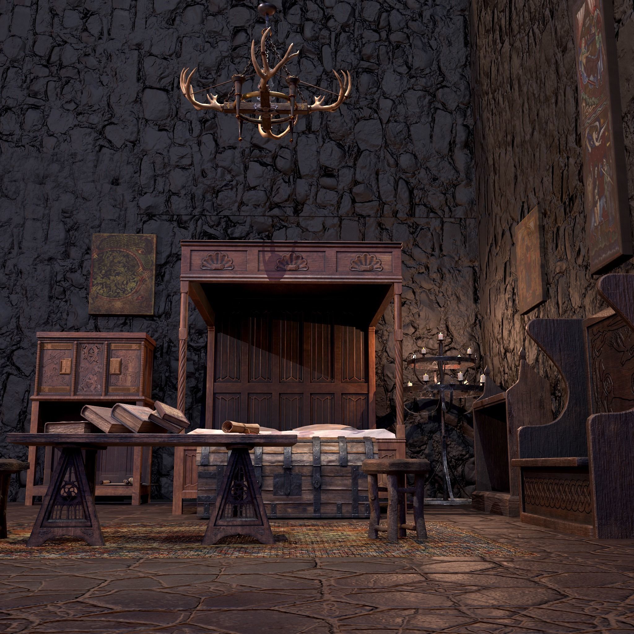 Medieval Bedroom Elegant Furnishings  3D Model Collection_84