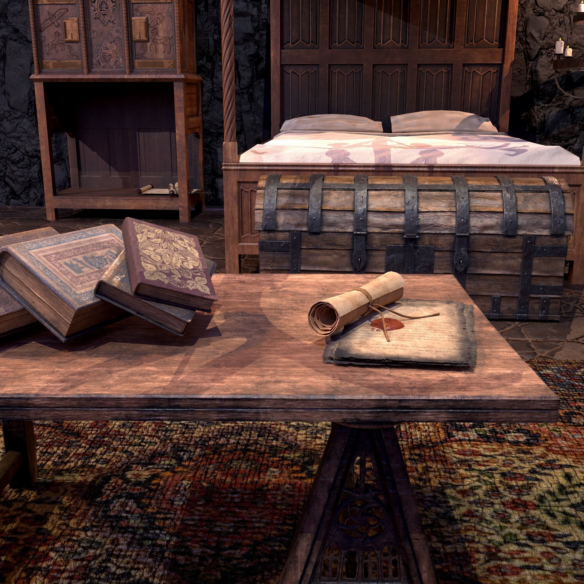 Medieval Bedroom Elegant Furnishings  3D Model Collection_12