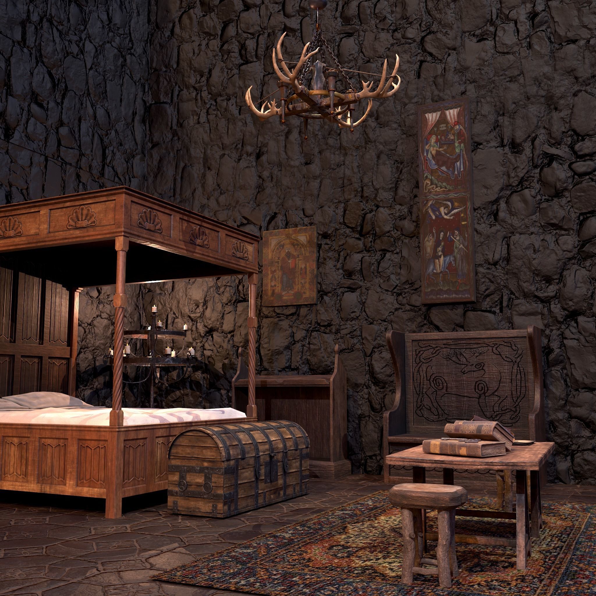 Medieval Bedroom Elegant Furnishings  3D Model Collection_83