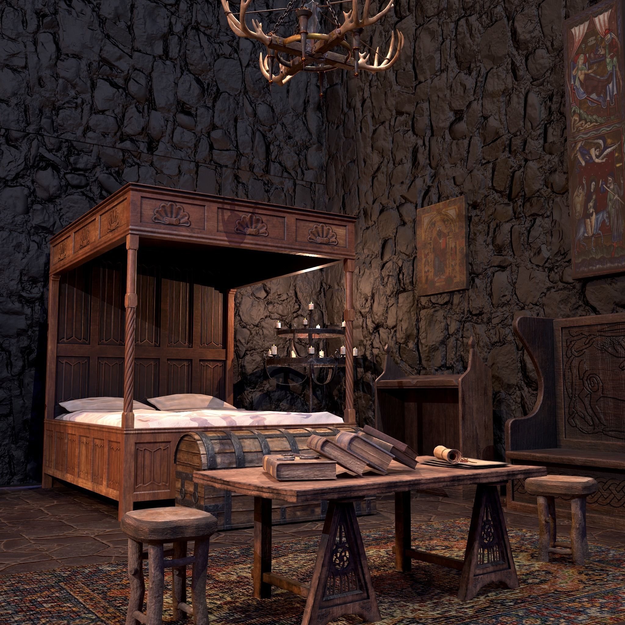 Medieval Bedroom Elegant Furnishings  3D Model Collection_82