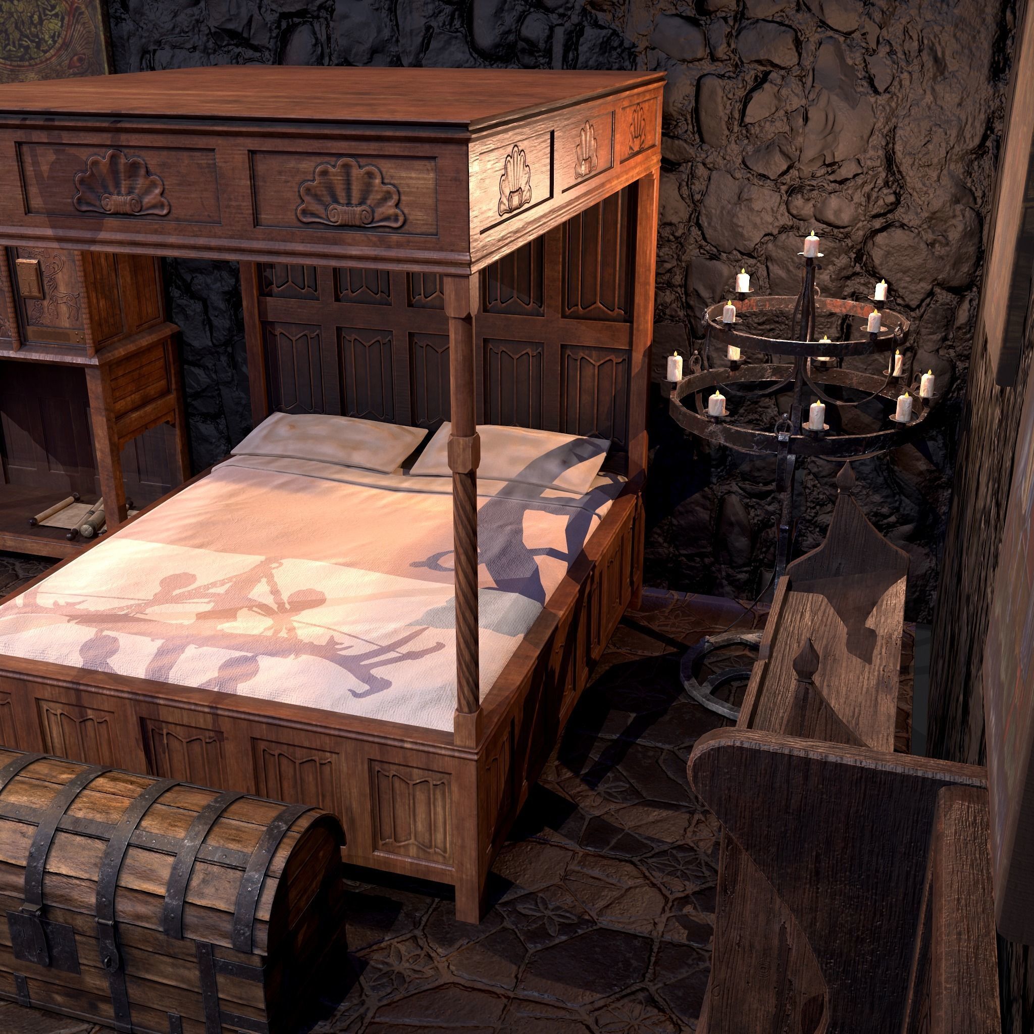Medieval Bedroom Elegant Furnishings  3D Model Collection_9