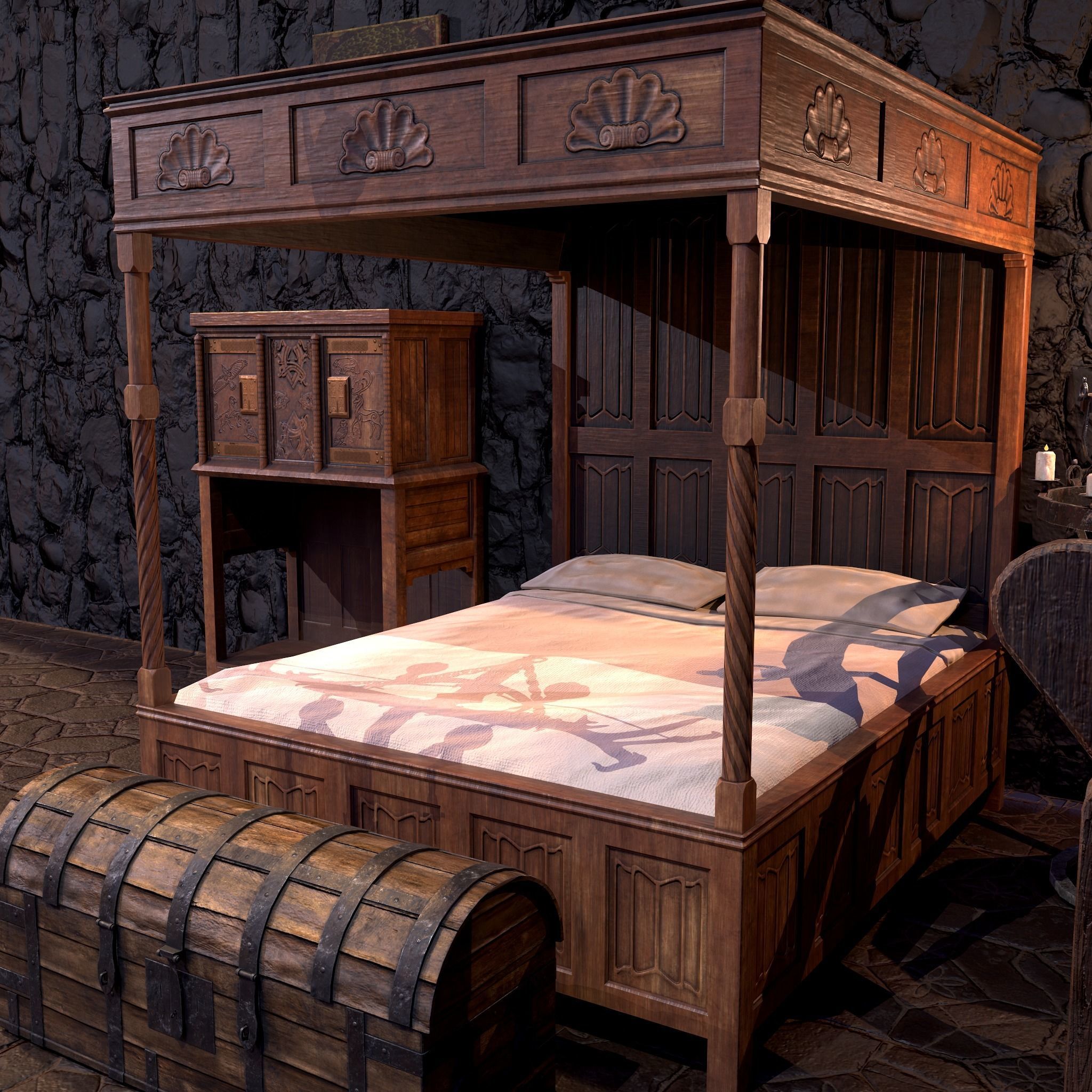 Medieval Bedroom Elegant Furnishings  3D Model Collection_7